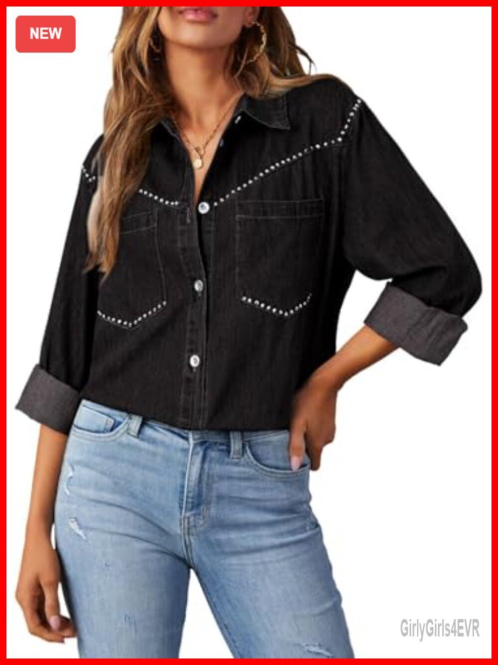Women's Denim Button Down Shirt 100% Cotton Long Sleeve Snap Western Shacket